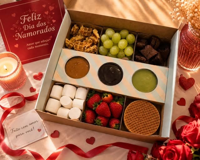 Caixa de presente da Platteria com morangos, uvas, waffles e acompanhamentos.